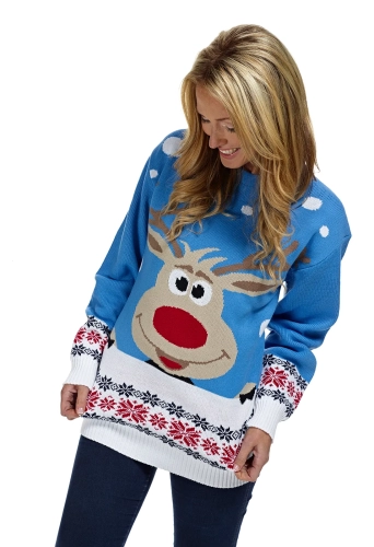 Foute kersttrui Rudolph blauw Dames